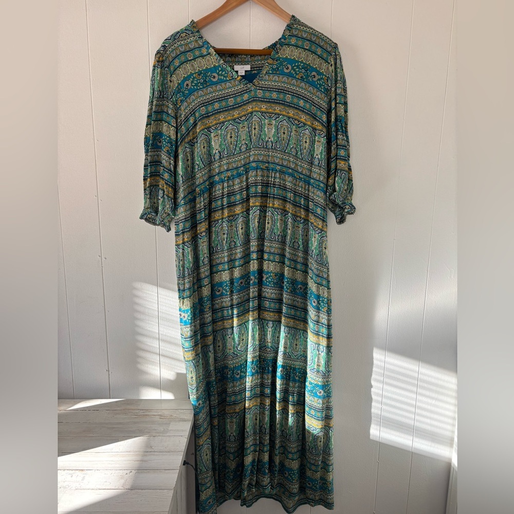 NEW J. Jill Floral Paisley Peasant Maxi Dress Puff Sleeve Blue Boho Size Medium - Picture 3 of 16